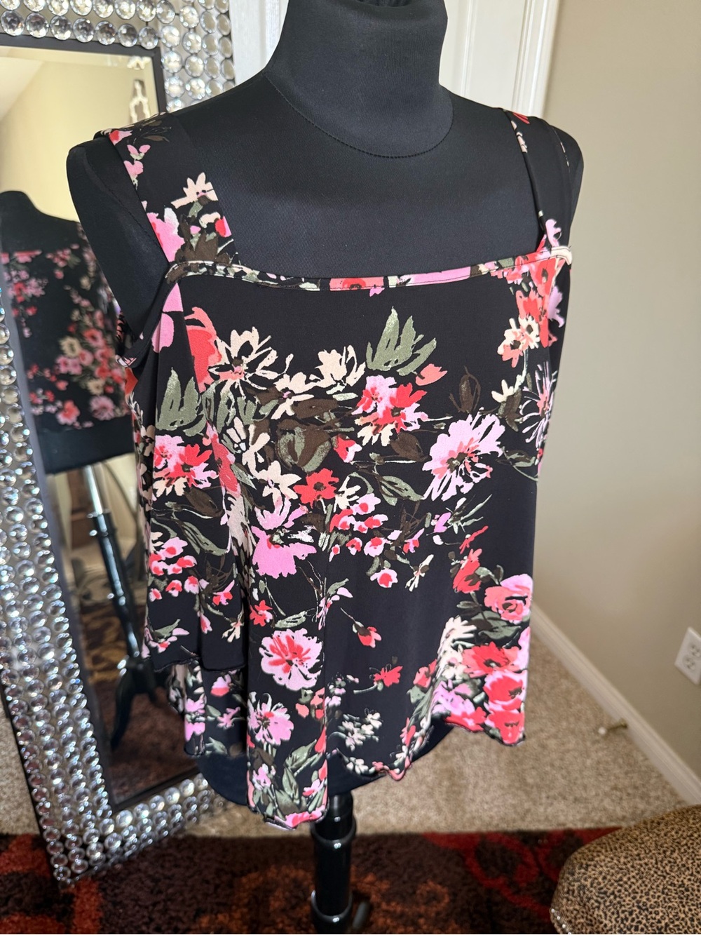 Black Floral Square-Neck with flutter sleeves cut out shoulders.